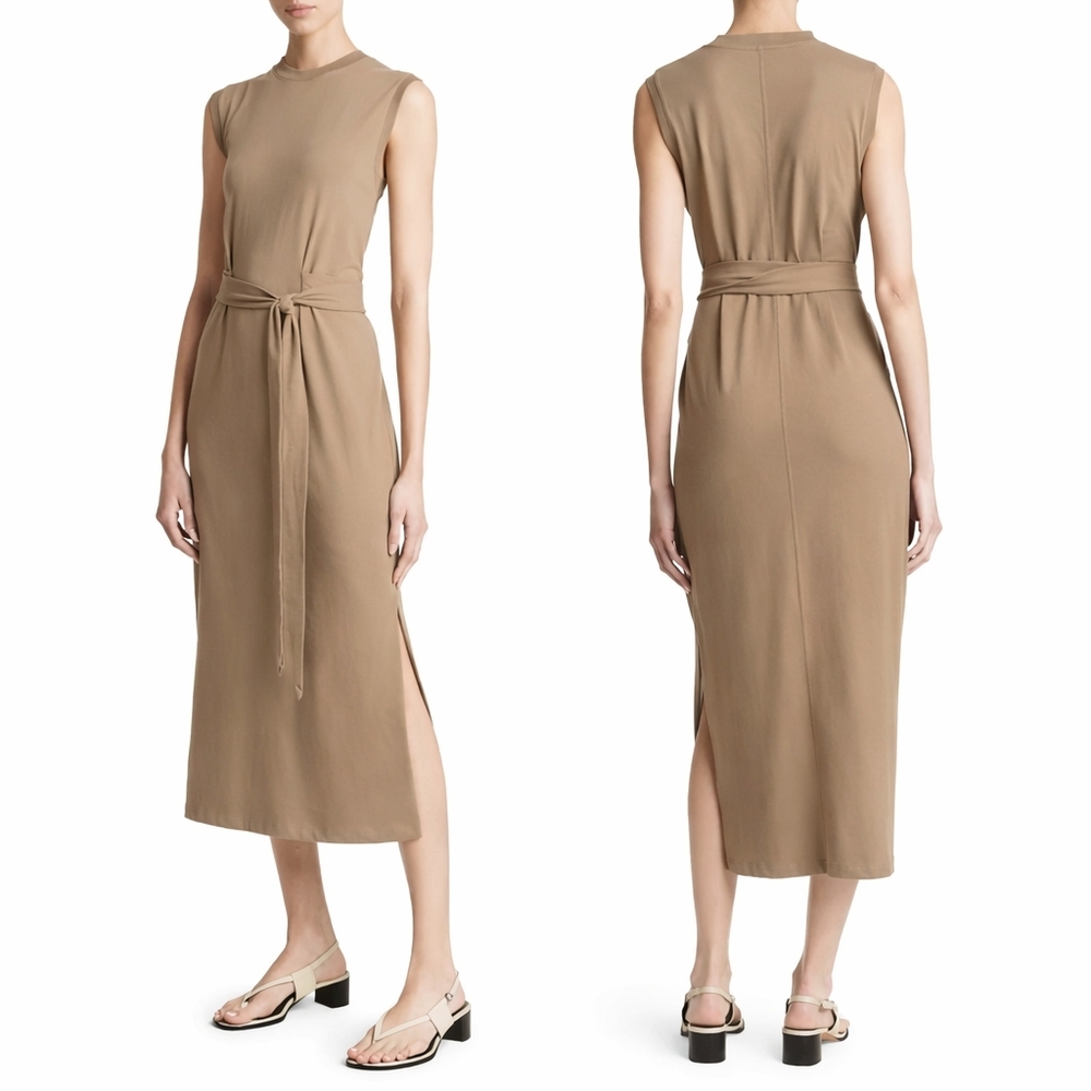 Vince Women's Cotton Sleeveless Wrap Midi Dress Shale Tan Sleeveless Belted XS